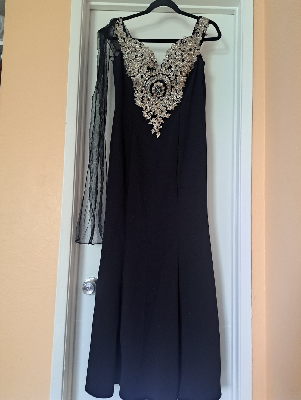 Black Long- Strapped Evening Dress with Decorative Gold Embellishment